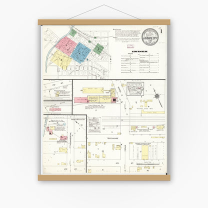 Old map wall art mockup — magnetic wood frame on white wall — Sanborn Fire Insurance Map from La Porte City, Black Hawk County, Iowa (1913), Sheet #0001
