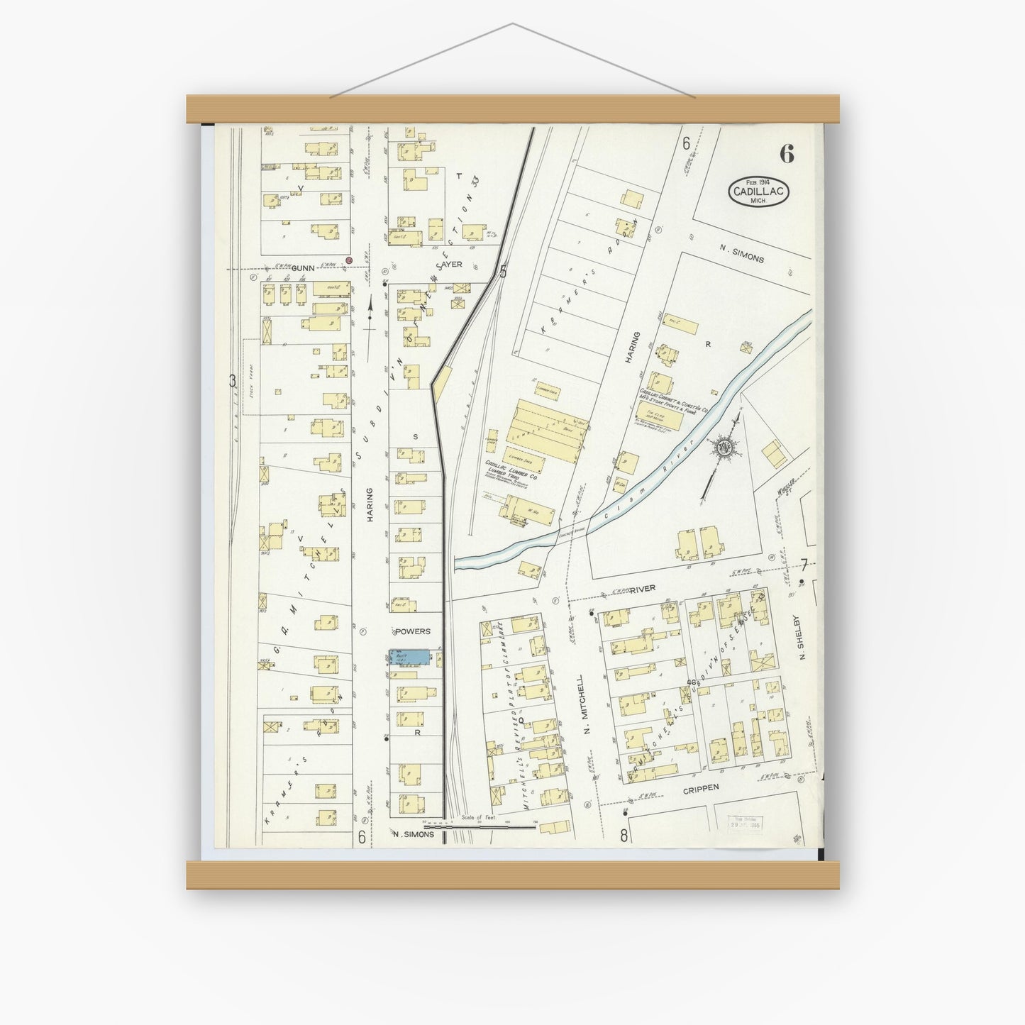 Old map wall art mockup — magnetic wood frame on white wall — Sanborn Fire Insurance Map from Cadillac, Wexford County, Michigan (1914), Sheet #0006