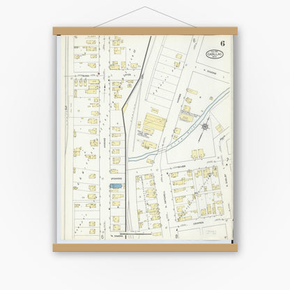 Old map wall art mockup — magnetic wood frame on white wall — Sanborn Fire Insurance Map from Cadillac, Wexford County, Michigan (1914), Sheet #0006