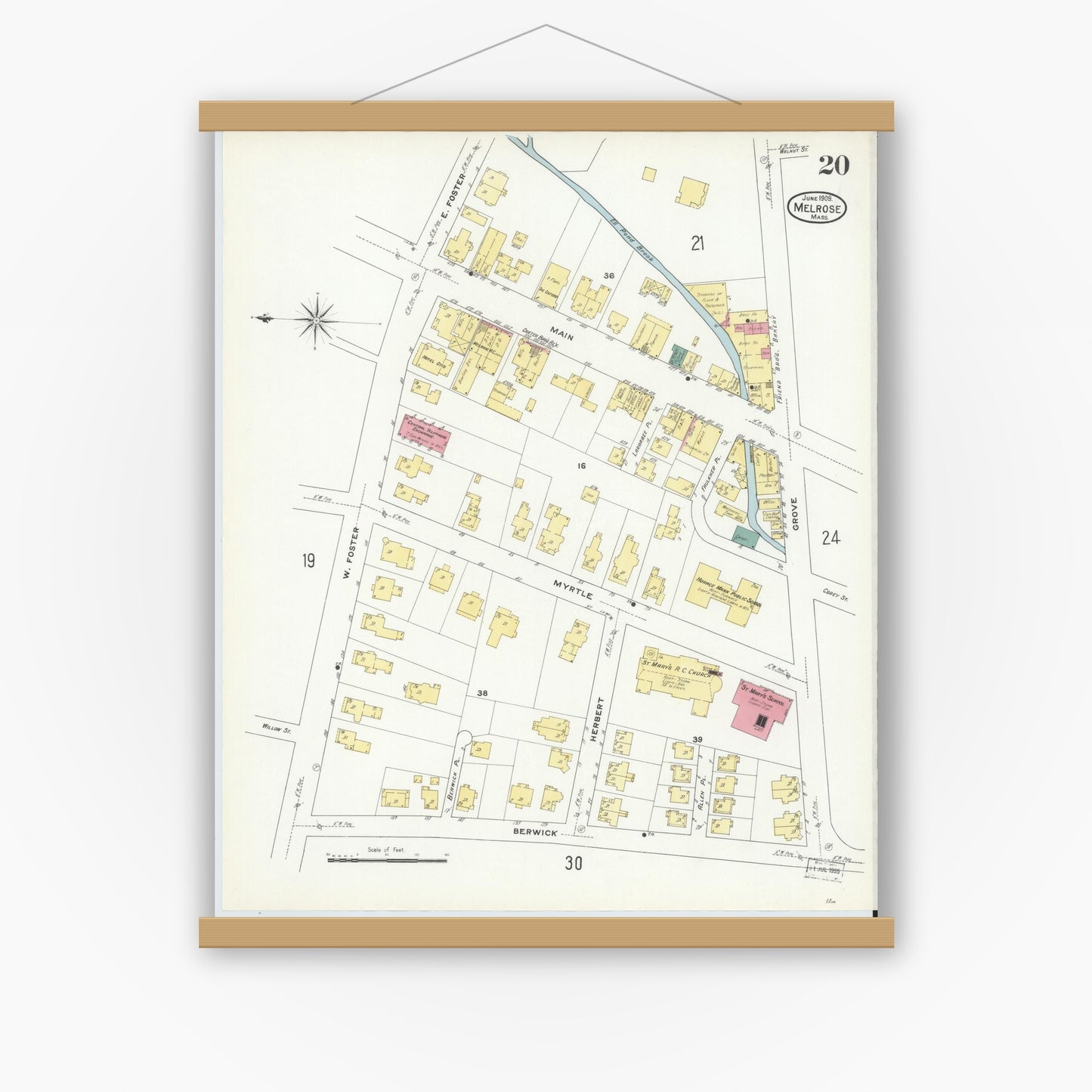 Old map wall art mockup — magnetic wood frame on white wall — Sanborn Fire Insurance Map from Melrose, Middlesex County, Massachusetts (1909), Sheet #0020