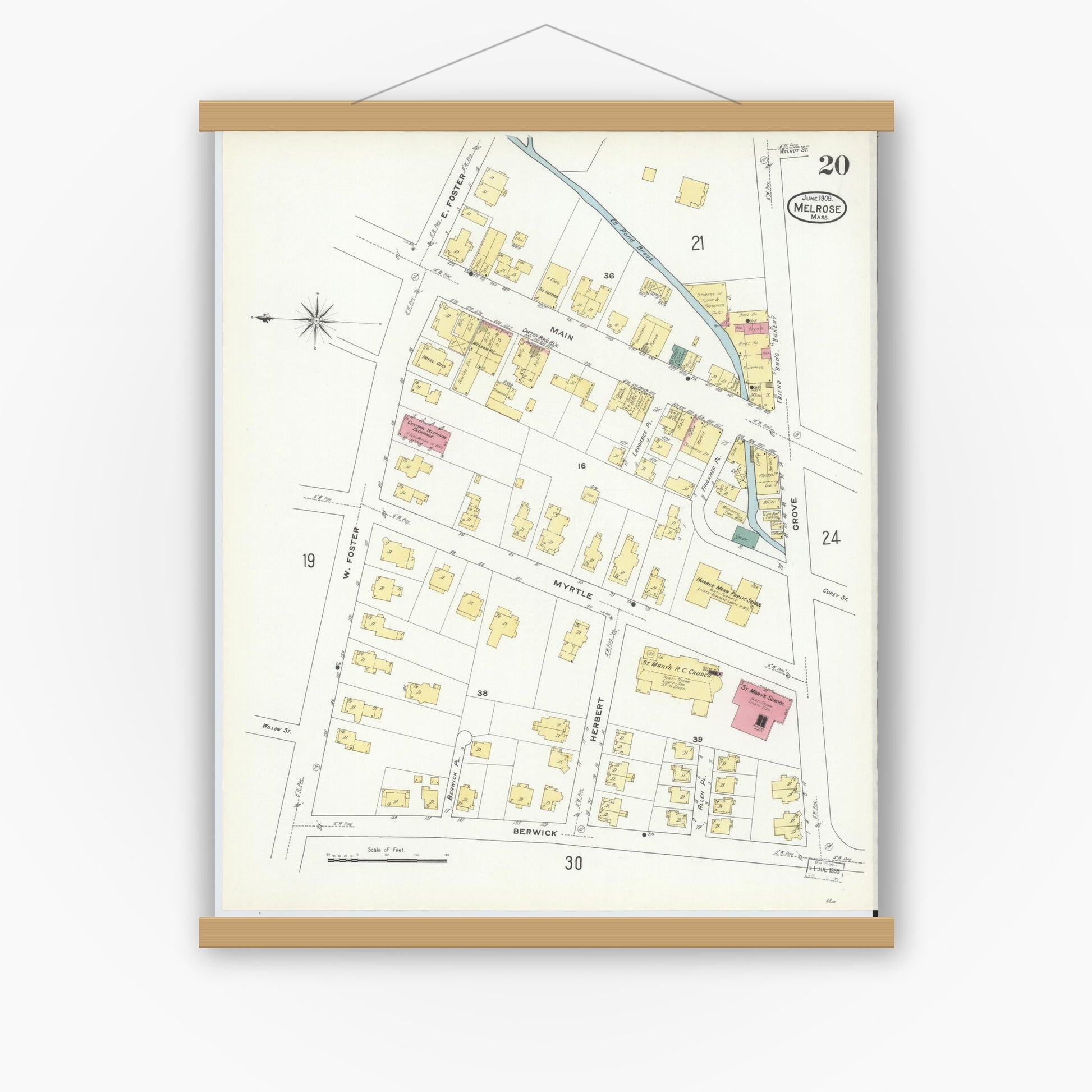 Old map wall art mockup — magnetic wood frame on white wall — Sanborn Fire Insurance Map from Melrose, Middlesex County, Massachusetts (1909), Sheet #0020