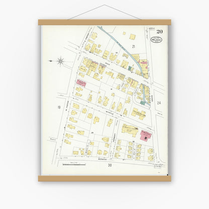 Old map wall art mockup — magnetic wood frame on white wall — Sanborn Fire Insurance Map from Melrose, Middlesex County, Massachusetts (1909), Sheet #0020