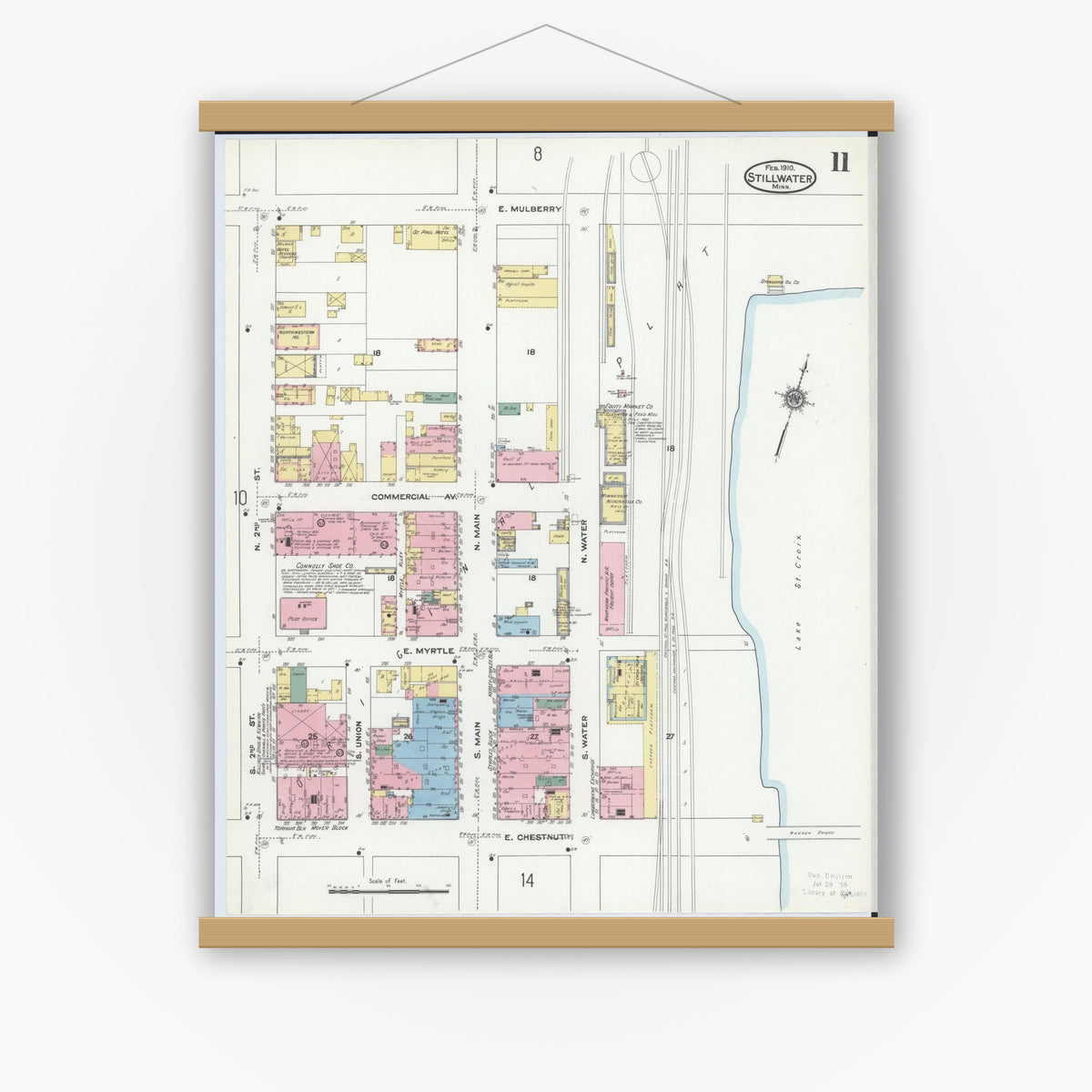Old map wall art mockup — magnetic wood frame on white wall — Sanborn Fire Insurance Map from Stillwater, Washington County, Minnesota (1910), Sheet #0011