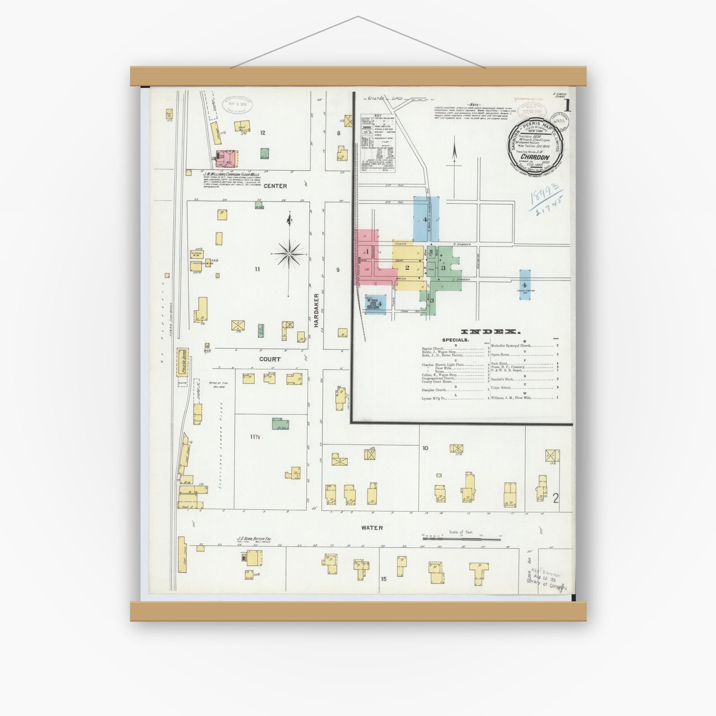 Old map wall art mockup — magnetic wood frame on white wall — Sanborn Fire Insurance Map from Chardon, Geauga County, Ohio (1899) - Complete Map Set