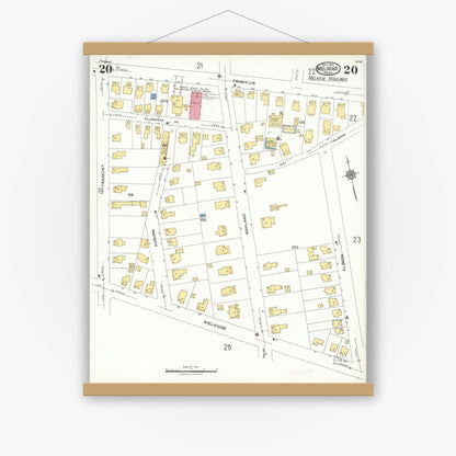 Old map wall art mockup — magnetic wood frame on white wall — Sanborn Fire Insurance Map from Melrose, Middlesex County, Massachusetts (1923), Sheet #0020