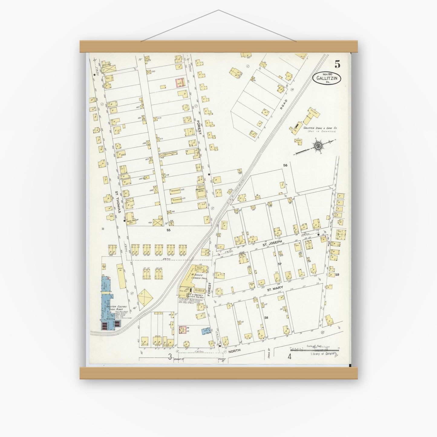 Old map wall art mockup — magnetic wood frame on white wall — Sanborn Fire Insurance Map from Gallitzin, Cambria County, Pennsylvania (1910), Sheet #0005