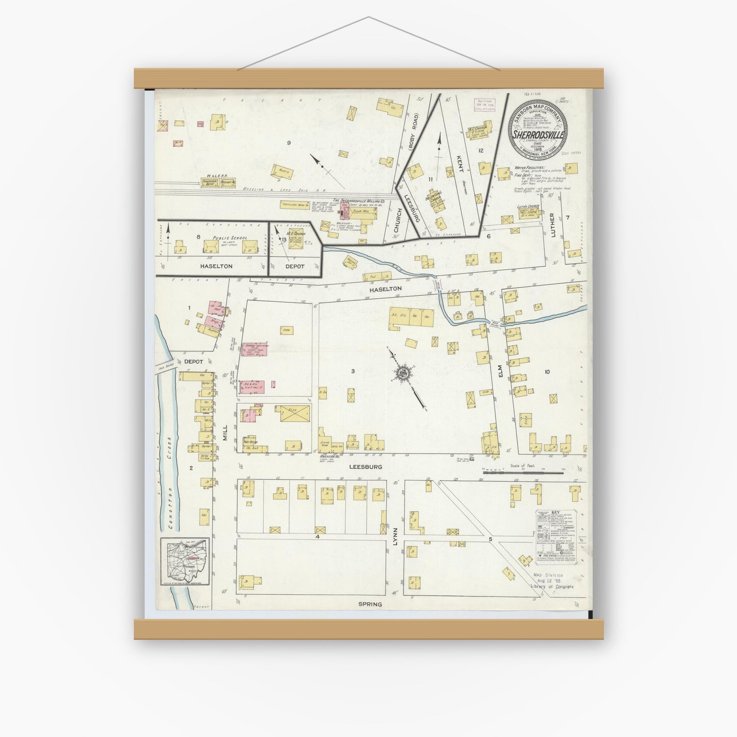 Old map wall art mockup — magnetic wood frame on white wall — Sanborn Fire Insurance Map from Sherrodsville, Carroll County, Ohio (1915), Sheet #0001