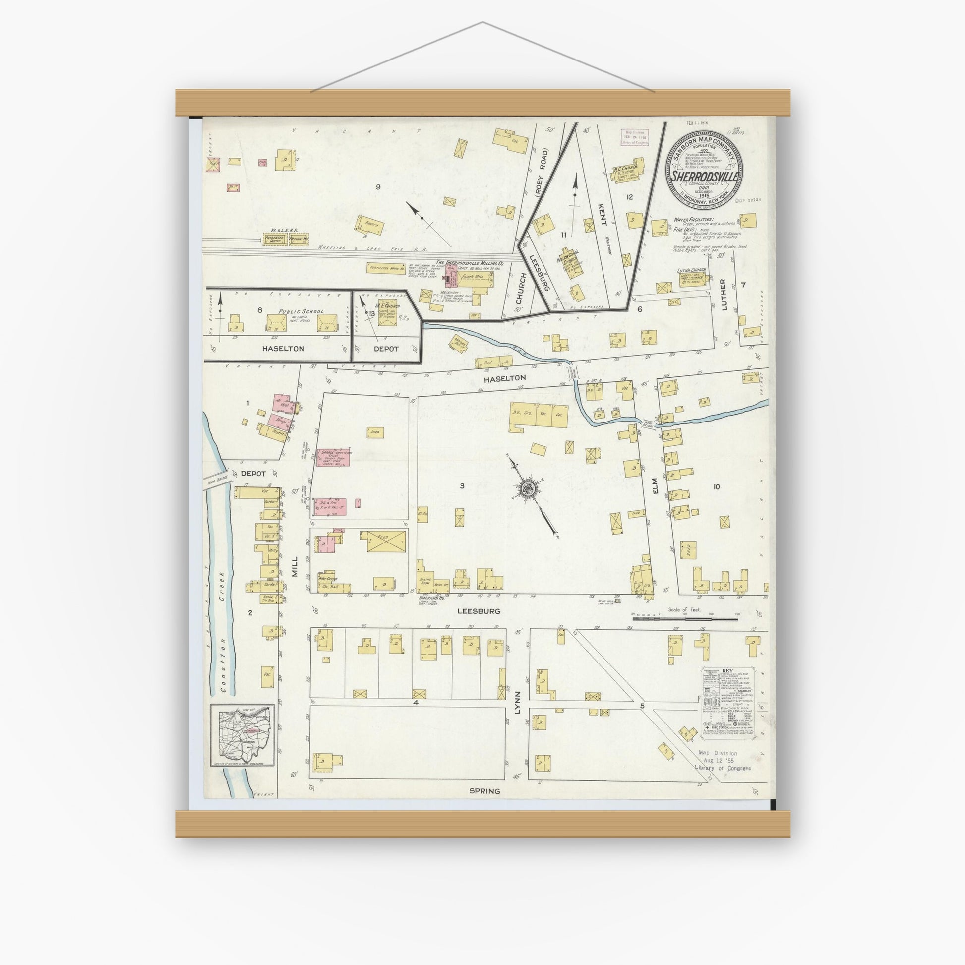 Old map wall art mockup — magnetic wood frame on white wall — Sanborn Fire Insurance Map from Sherrodsville, Carroll County, Ohio (1915), Sheet #0001