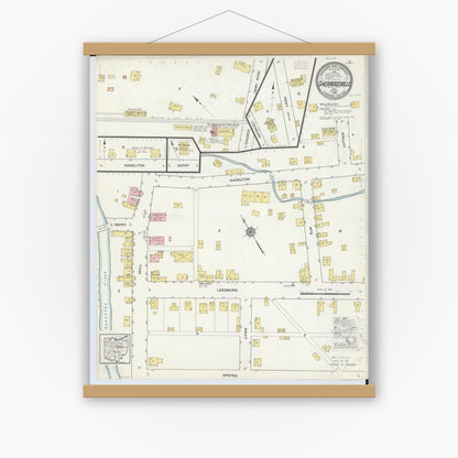Old map wall art mockup — magnetic wood frame on white wall — Sanborn Fire Insurance Map from Sherrodsville, Carroll County, Ohio (1915), Sheet #0001
