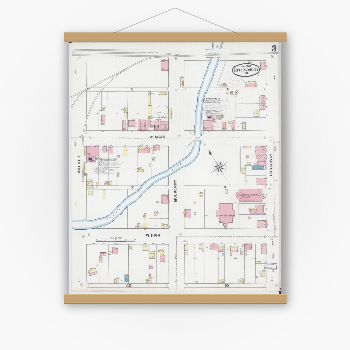 Old map wall art mockup — magnetic wood frame on white wall — Sanborn Fire Insurance Map from Jefferson City, Cole County, Missouri (1892), Sheet #0003