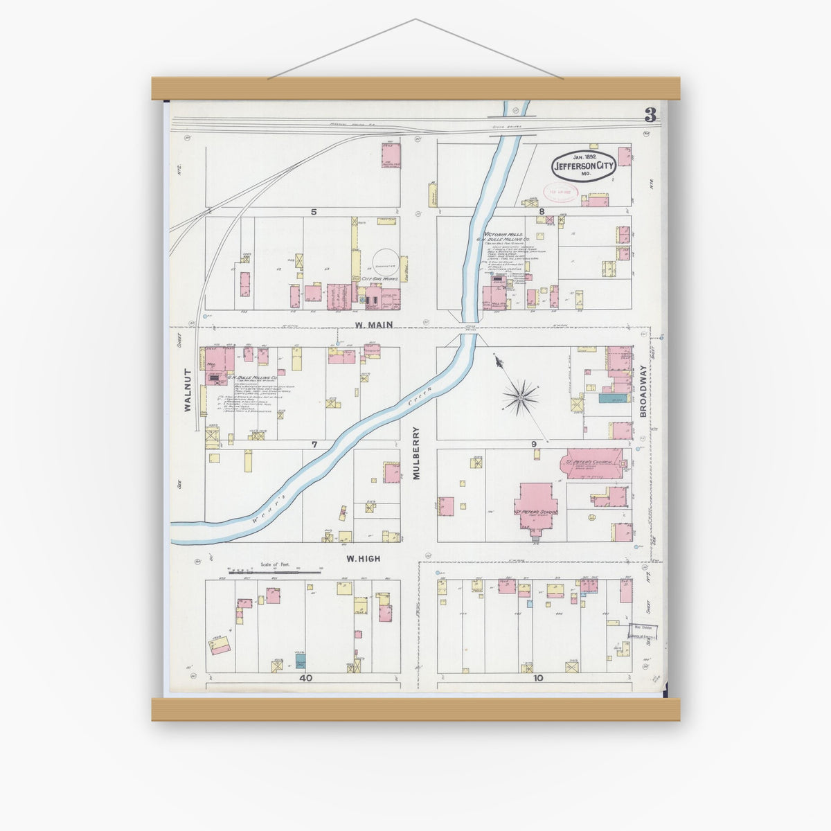 Old map wall art mockup — magnetic wood frame on white wall — Sanborn Fire Insurance Map from Jefferson City, Cole County, Missouri (1892), Sheet #0003