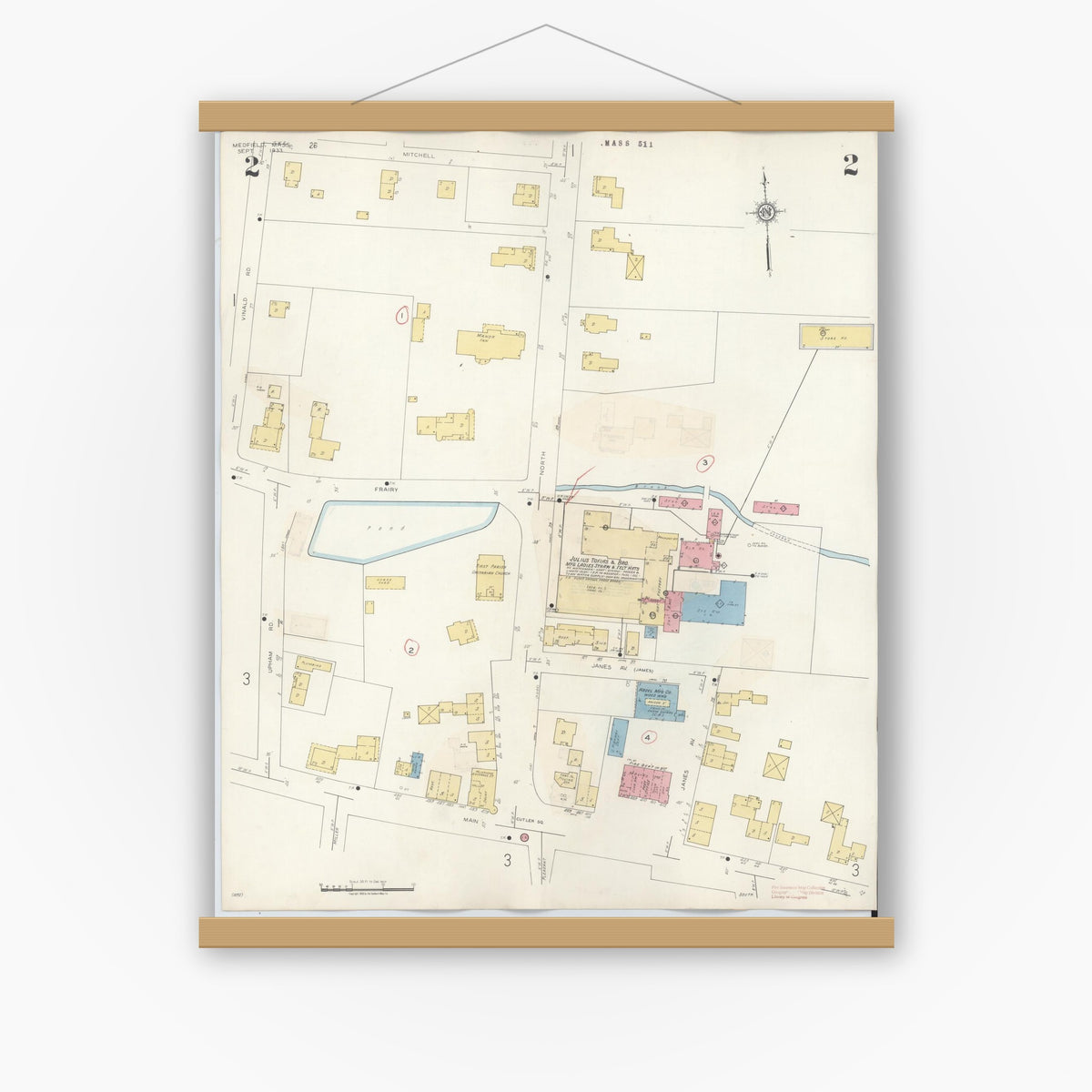 Old map wall art mockup — magnetic wood frame on white wall — Sanborn Fire Insurance Map from Medfield, Norfolk County, Massachusetts (1943), Sheet #0002