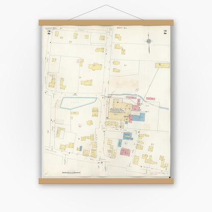 Old map wall art mockup — magnetic wood frame on white wall — Sanborn Fire Insurance Map from Medfield, Norfolk County, Massachusetts (1943), Sheet #0002