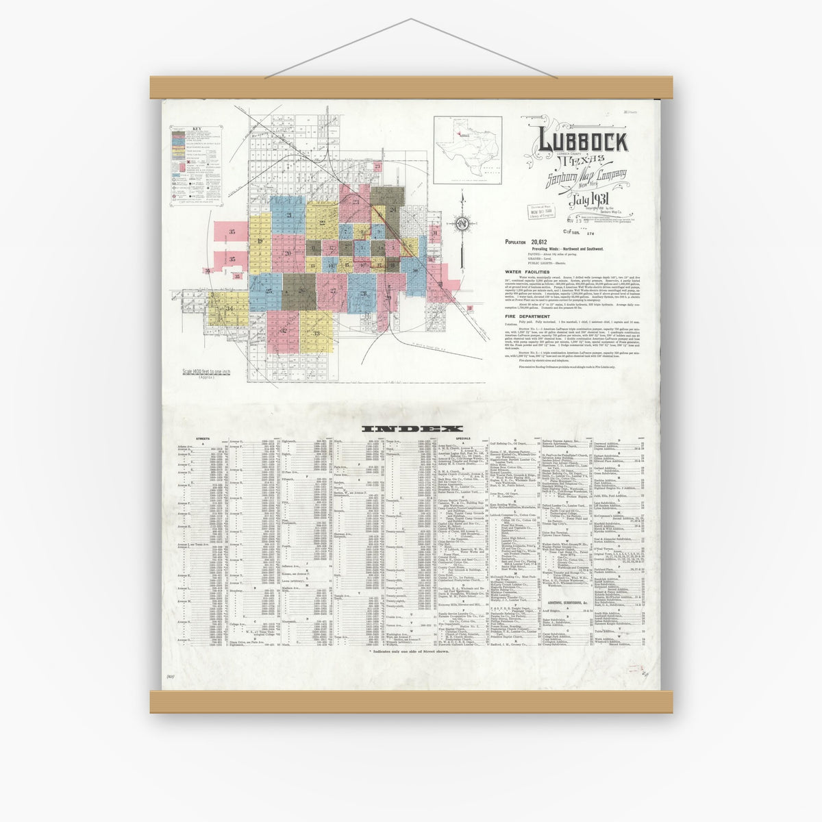 Old map wall art mockup — magnetic wood frame on white wall — Sanborn Fire Insurance Map from Lubbock, Lubbock County, Texas (1931) - Complete Map Set
