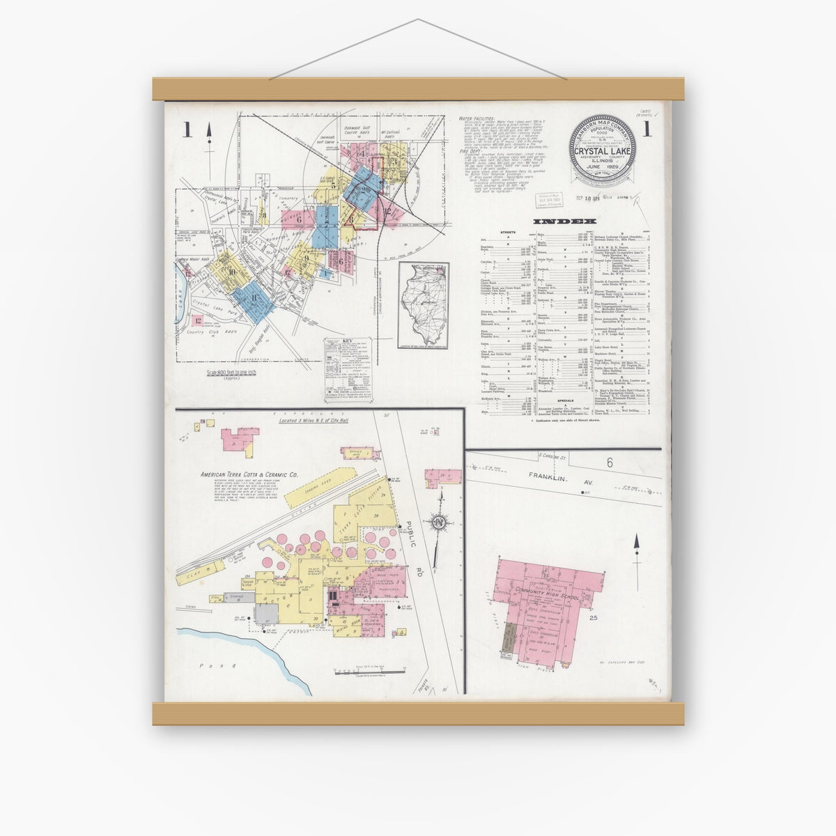 Old map wall art mockup — magnetic wood frame on white wall — Sanborn Fire Insurance Map from Crystal Lake, McHenry County, Illinois (1929) - Complete Map Set