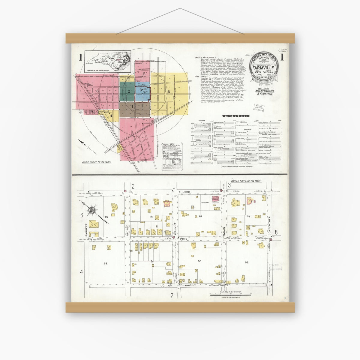 Old map wall art mockup — magnetic wood frame on white wall — Sanborn Fire Insurance Map from Farmville, Pitt County, North Carolina (1923), Sheet #0001