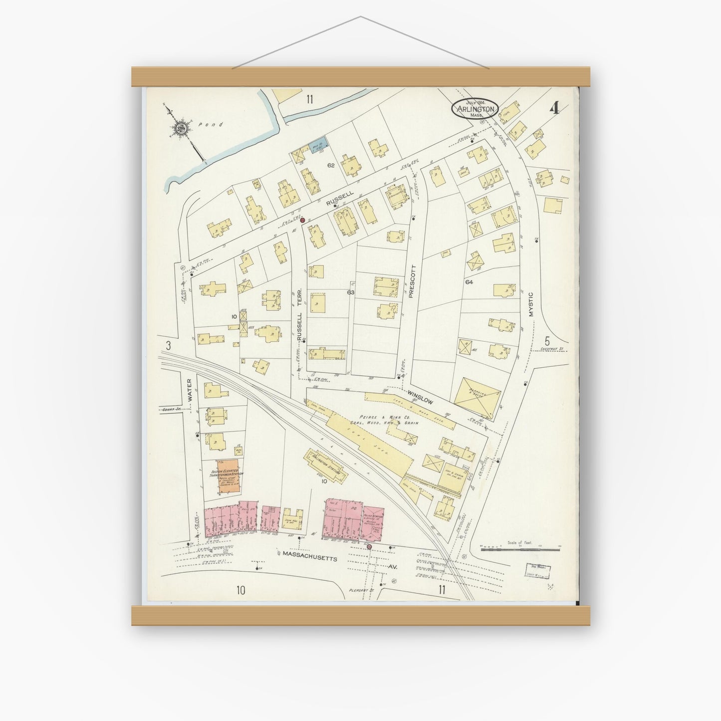 Old map wall art mockup — magnetic wood frame on white wall — Sanborn Fire Insurance Map from Arlington, Middlesex County, Massachusetts (1914), Sheet #0004