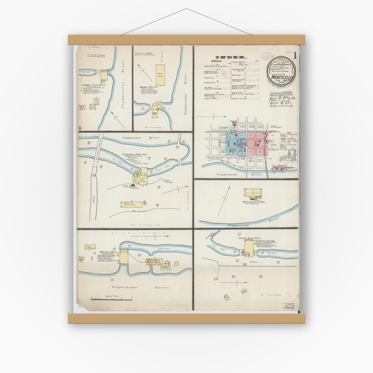 Old map wall art mockup — magnetic wood frame on white wall — Sanborn Fire Insurance Map from Monticello, White County, Indiana (1886) - Complete Map Set