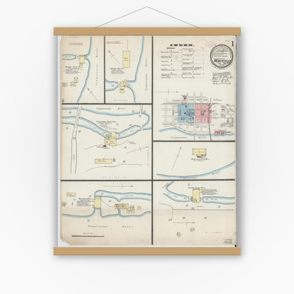 Old map wall art mockup — magnetic wood frame on white wall — Sanborn Fire Insurance Map from Monticello, White County, Indiana (1886) - Complete Map Set