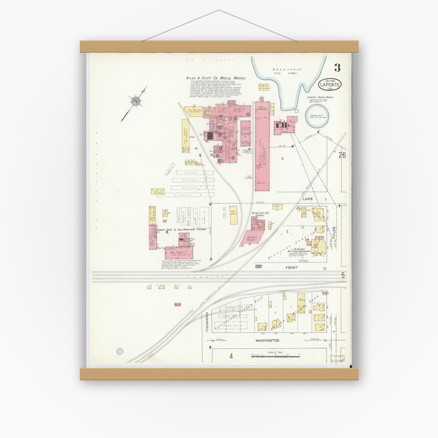 Old map wall art mockup — magnetic wood frame on white wall — Sanborn Fire Insurance Map from La Porte, La Porte County, Indiana (1912), Sheet #0003
