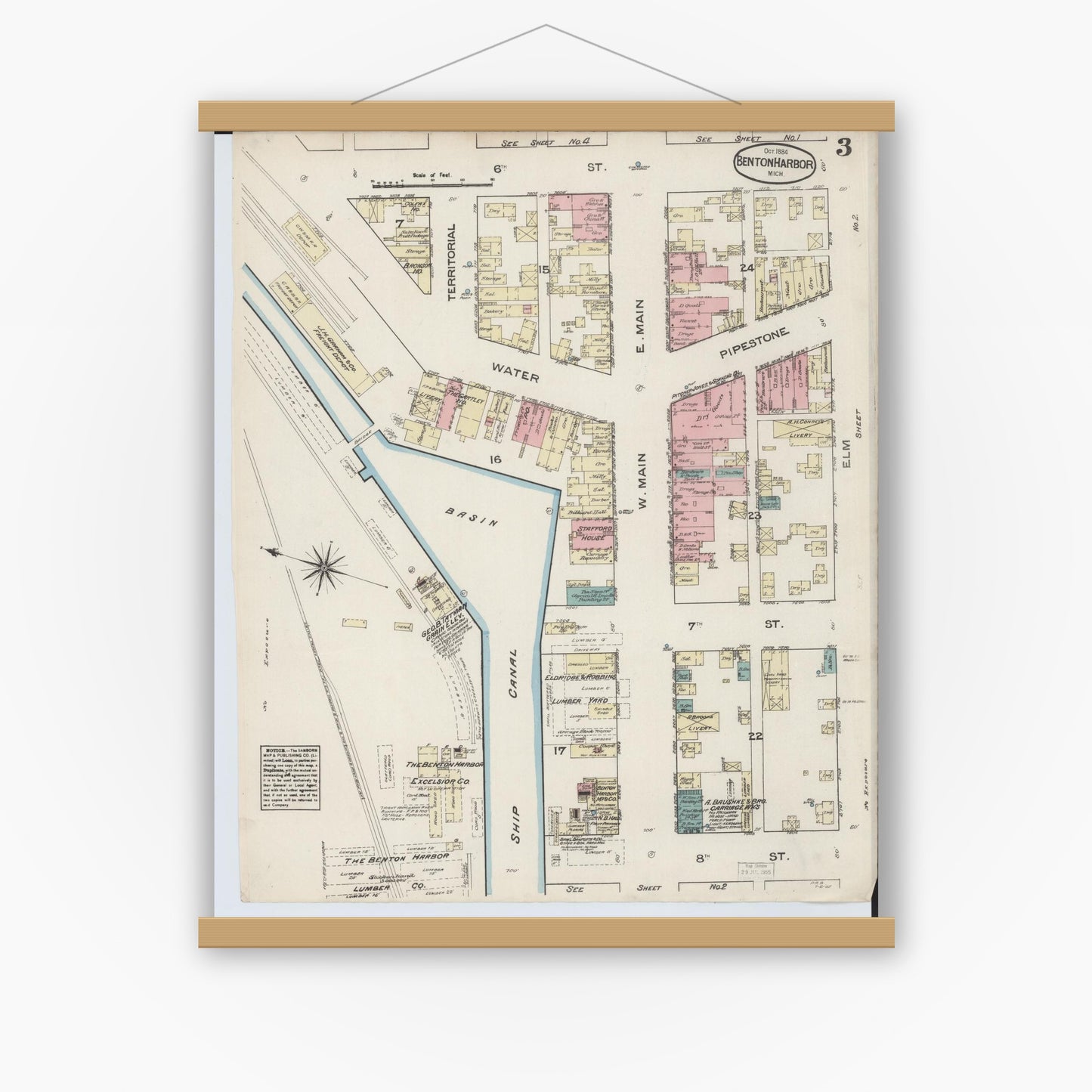 Old map wall art mockup — magnetic wood frame on white wall — Sanborn Fire Insurance Map from Benton Harbor, Berrien County, Michigan (1884), Sheet #0003