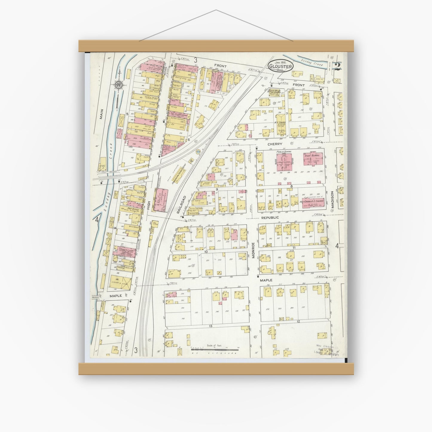 Old map wall art mockup — magnetic wood frame on white wall — Sanborn Fire Insurance Map from Glouster, Athens County, Ohio (1912), Sheet #0002