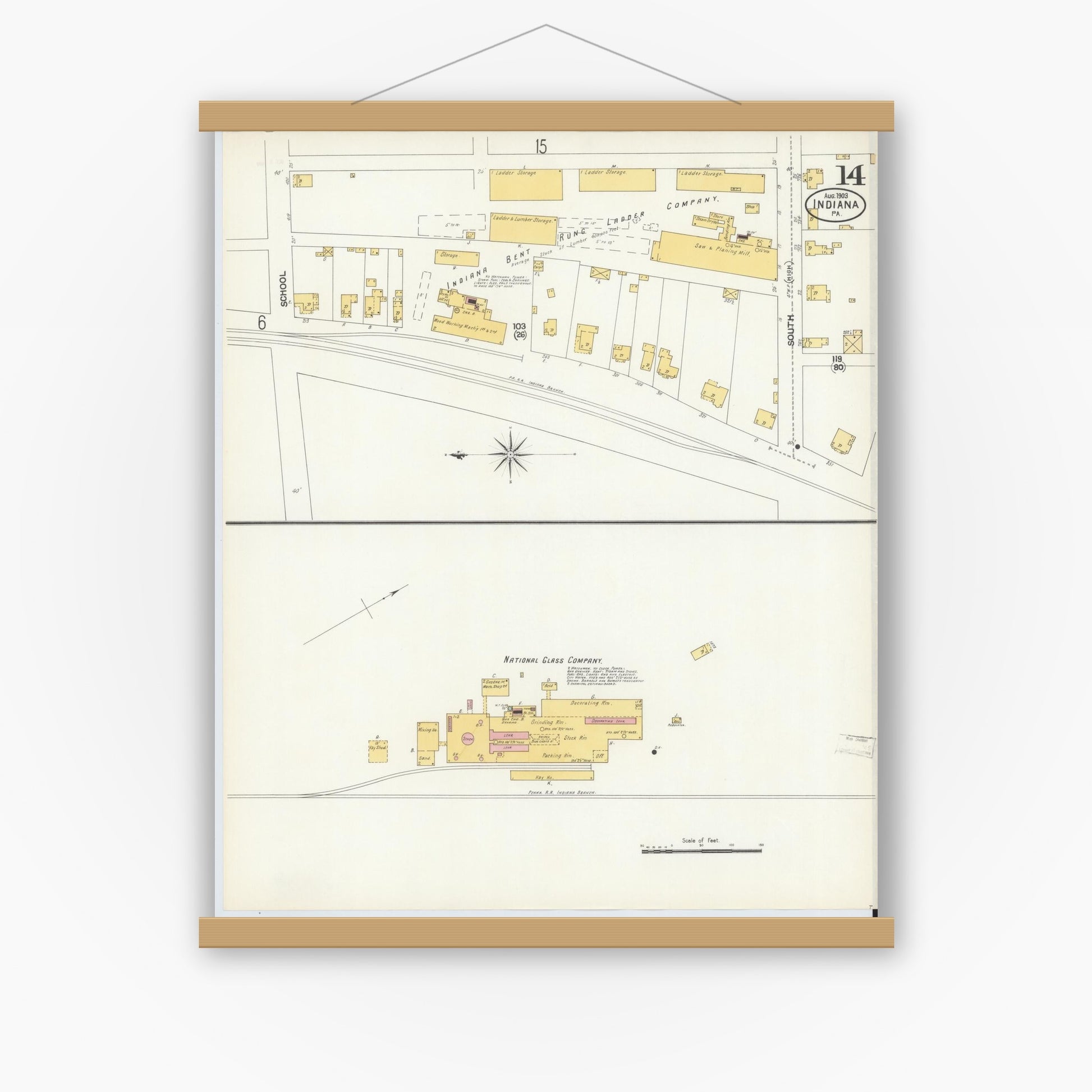 Old map wall art mockup — magnetic wood frame on white wall — Sanborn Fire Insurance Map from Indiana, Indiana County, Pennsylvania (1903), Sheet #0014
