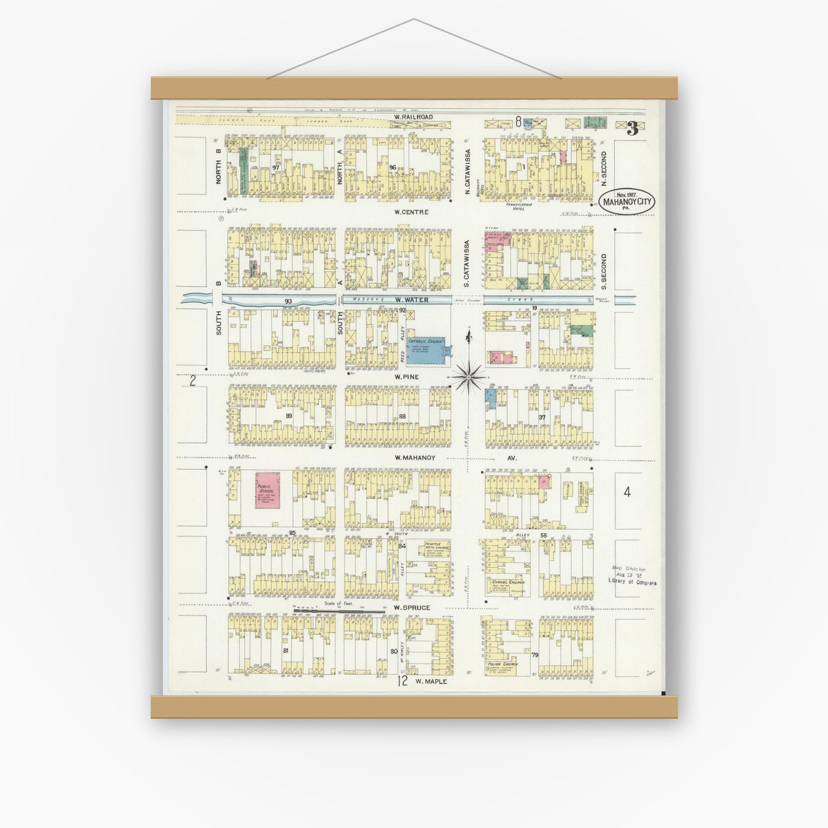 Old map wall art mockup — magnetic wood frame on white wall — Sanborn Fire Insurance Map from Mahanoy City, Schuylkill County, Pennsylvania (1907), Sheet #0003