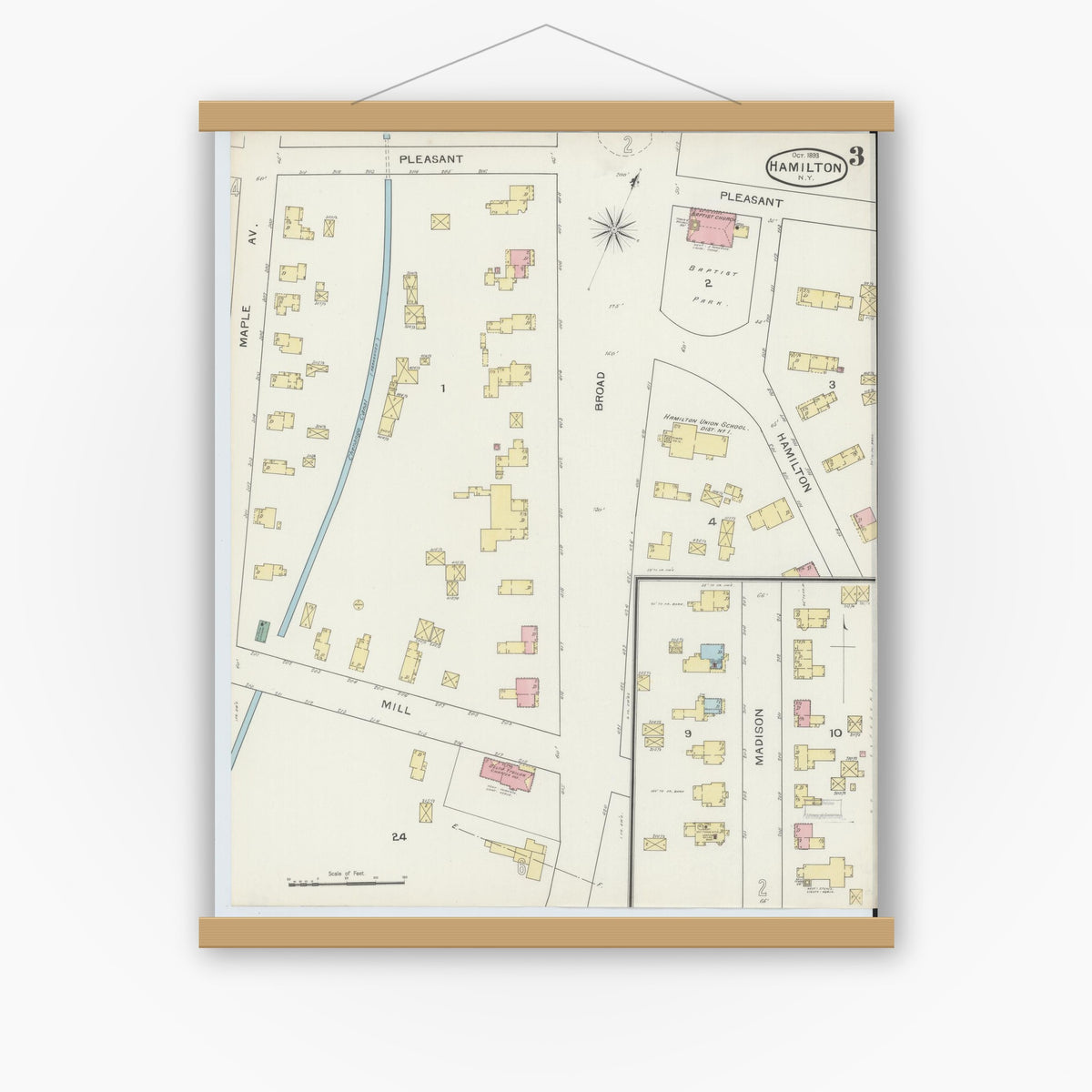 Old map wall art mockup — magnetic wood frame on white wall — Sanborn Fire Insurance Map from Hamilton, Madison County, New York (1893), Sheet #0003