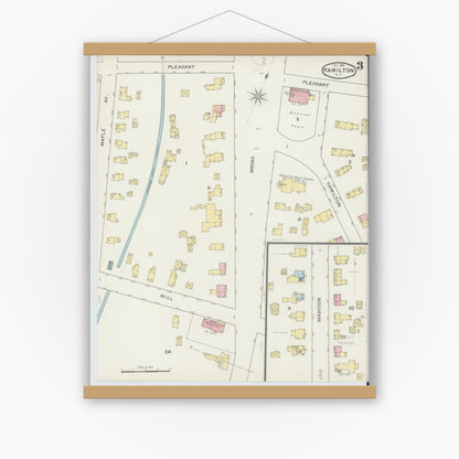 Old map wall art mockup — magnetic wood frame on white wall — Sanborn Fire Insurance Map from Hamilton, Madison County, New York (1893), Sheet #0003