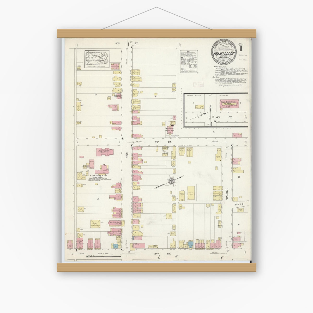 Old map wall art mockup — magnetic wood frame on white wall — Sanborn Fire Insurance Map from Womelsdorf, Berks County, Pennsylvania (1913), Sheet #0001