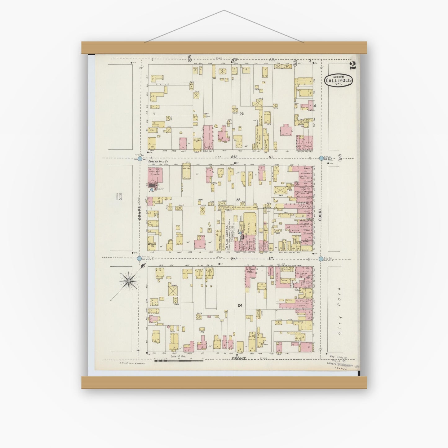 Old map wall art mockup — magnetic wood frame on white wall — Sanborn Fire Insurance Map from Gallipolis, Gallia County, Ohio (1895), Sheet #0002