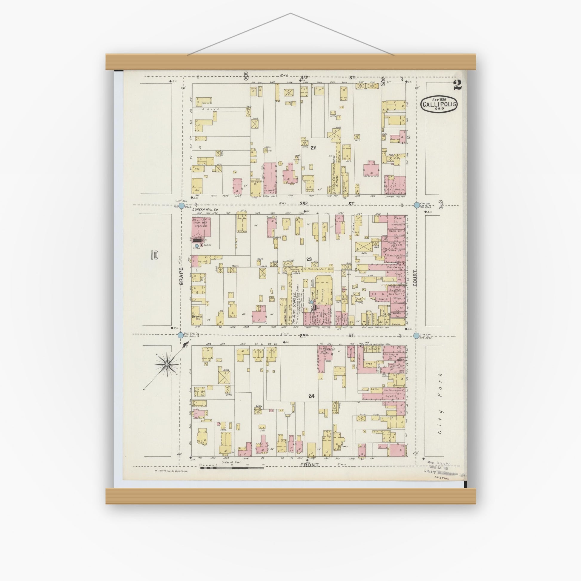 Old map wall art mockup — magnetic wood frame on white wall — Sanborn Fire Insurance Map from Gallipolis, Gallia County, Ohio (1895), Sheet #0002