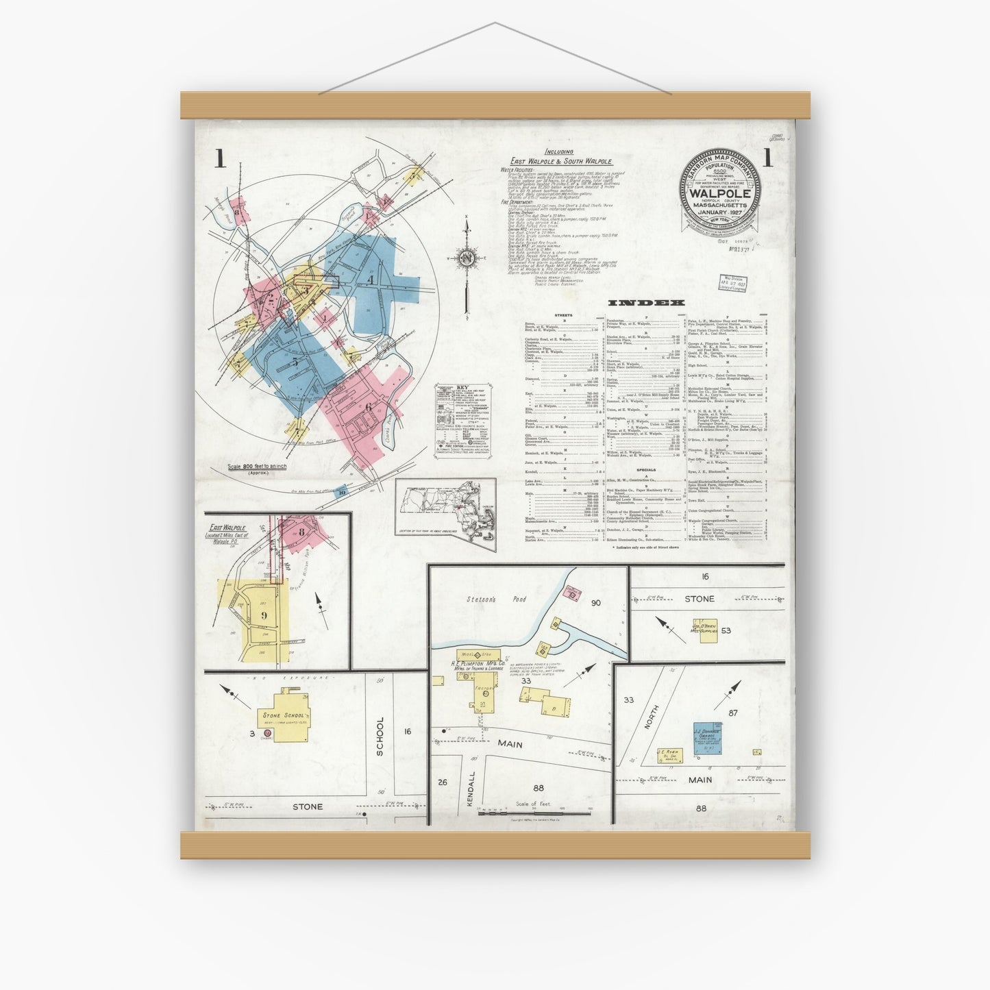Old map wall art mockup — magnetic wood frame on white wall — Sanborn Fire Insurance Map from Walpole, Norfolk County, Massachusetts (1927), Sheet #0001