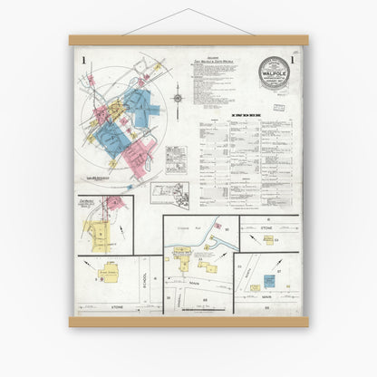 Old map wall art mockup — magnetic wood frame on white wall — Sanborn Fire Insurance Map from Walpole, Norfolk County, Massachusetts (1927), Sheet #0001