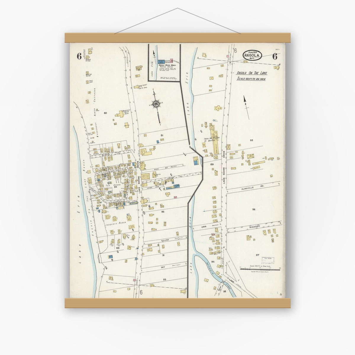 Old map wall art mockup — magnetic wood frame on white wall — Sanborn Fire Insurance Map from Angola, Erie County, New York (1924), Sheet #0006