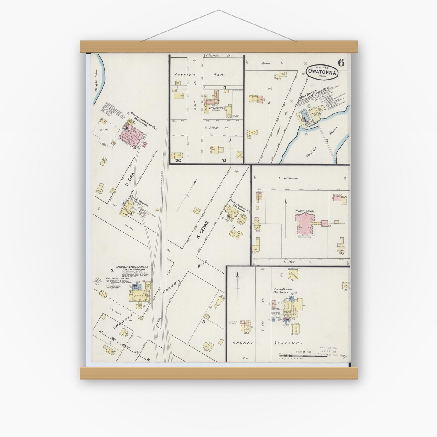 Old map wall art mockup — magnetic wood frame on white wall — Sanborn Fire Insurance Map from Owatonna, Steele County, Minnesota (1889), Sheet #0006