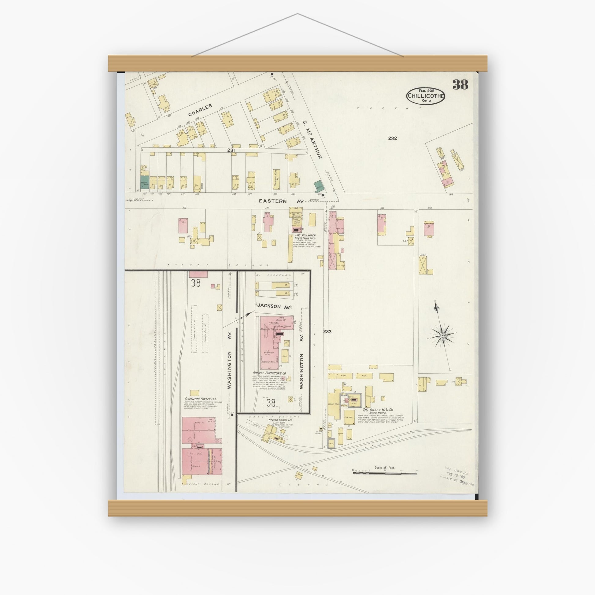 Old map wall art mockup — magnetic wood frame on white wall — Sanborn Fire Insurance Map from Chillicothe, Ross County, Ohio (1909), Sheet #0038