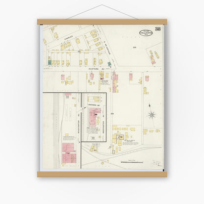 Old map wall art mockup — magnetic wood frame on white wall — Sanborn Fire Insurance Map from Chillicothe, Ross County, Ohio (1909), Sheet #0038