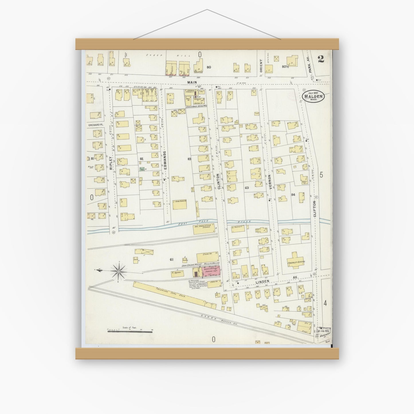Old map wall art mockup — magnetic wood frame on white wall — Sanborn Fire Insurance Map from Malden, Middlesex County, Massachusetts (1897), Sheet #0002