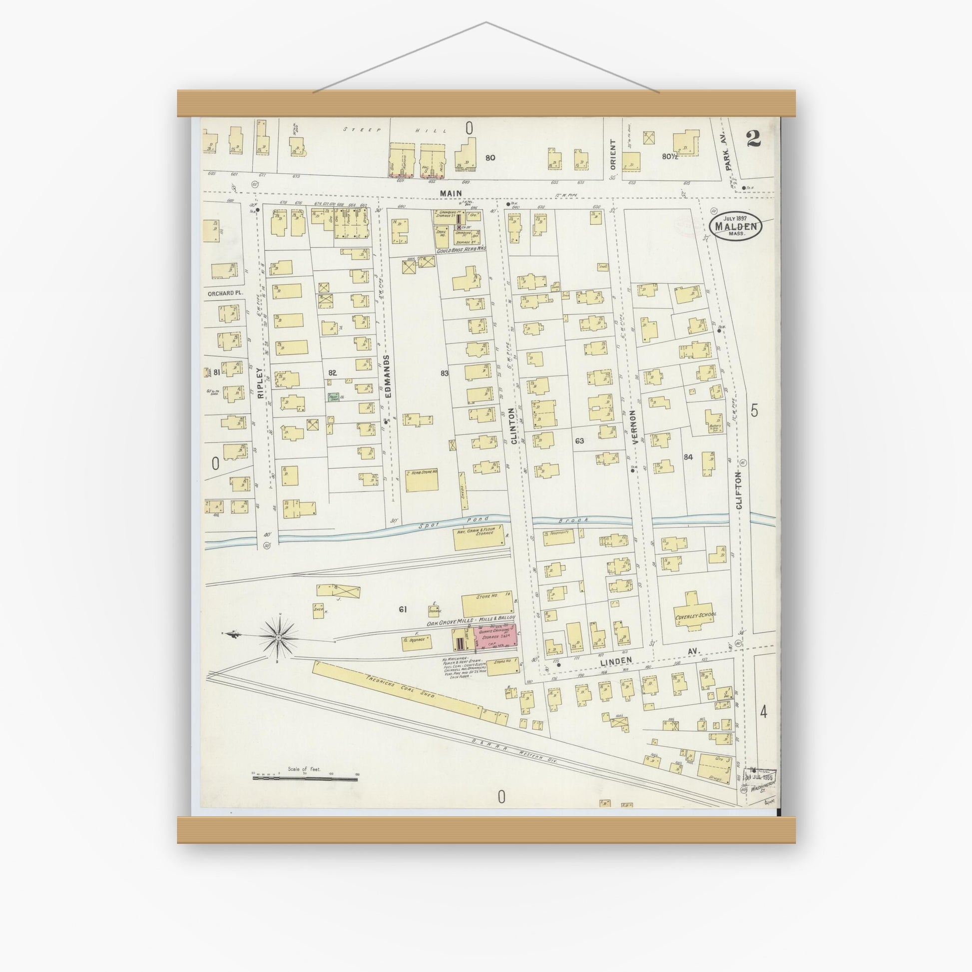 Old map wall art mockup — magnetic wood frame on white wall — Sanborn Fire Insurance Map from Malden, Middlesex County, Massachusetts (1897), Sheet #0002