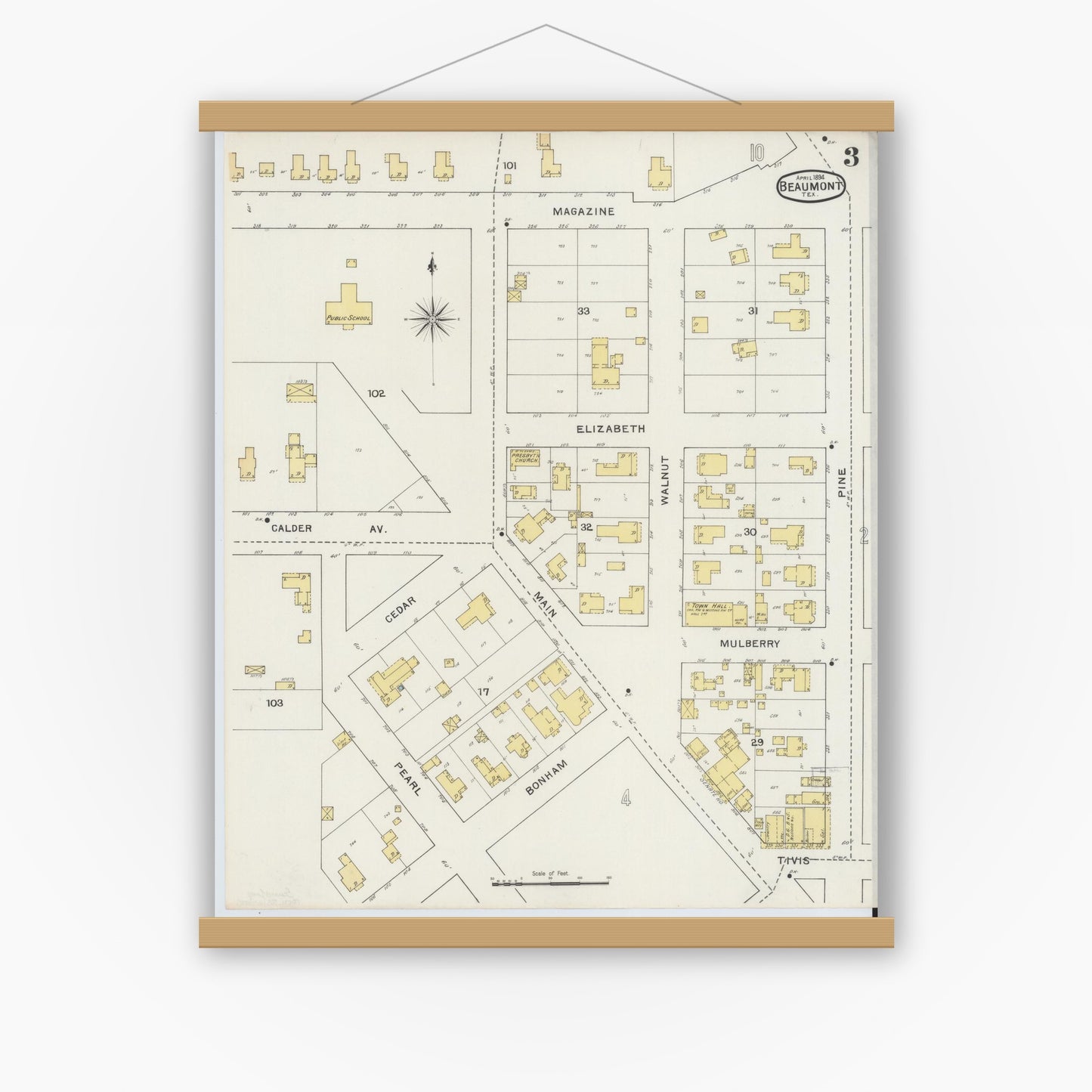 Old map wall art mockup — magnetic wood frame on white wall — Sanborn Fire Insurance Map from Beaumont, Jefferson County, Texas (1894), Sheet #0003