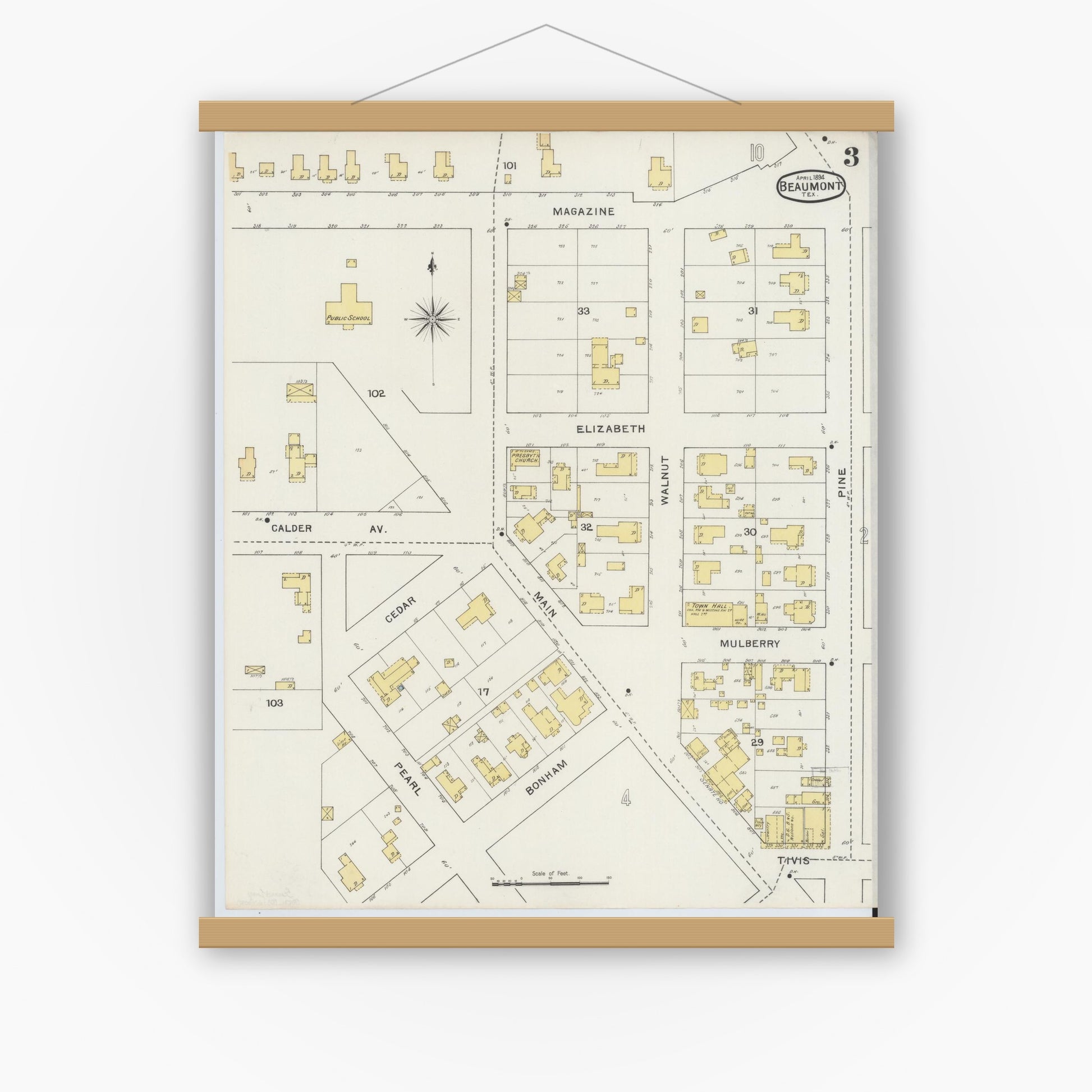 Old map wall art mockup — magnetic wood frame on white wall — Sanborn Fire Insurance Map from Beaumont, Jefferson County, Texas (1894), Sheet #0003