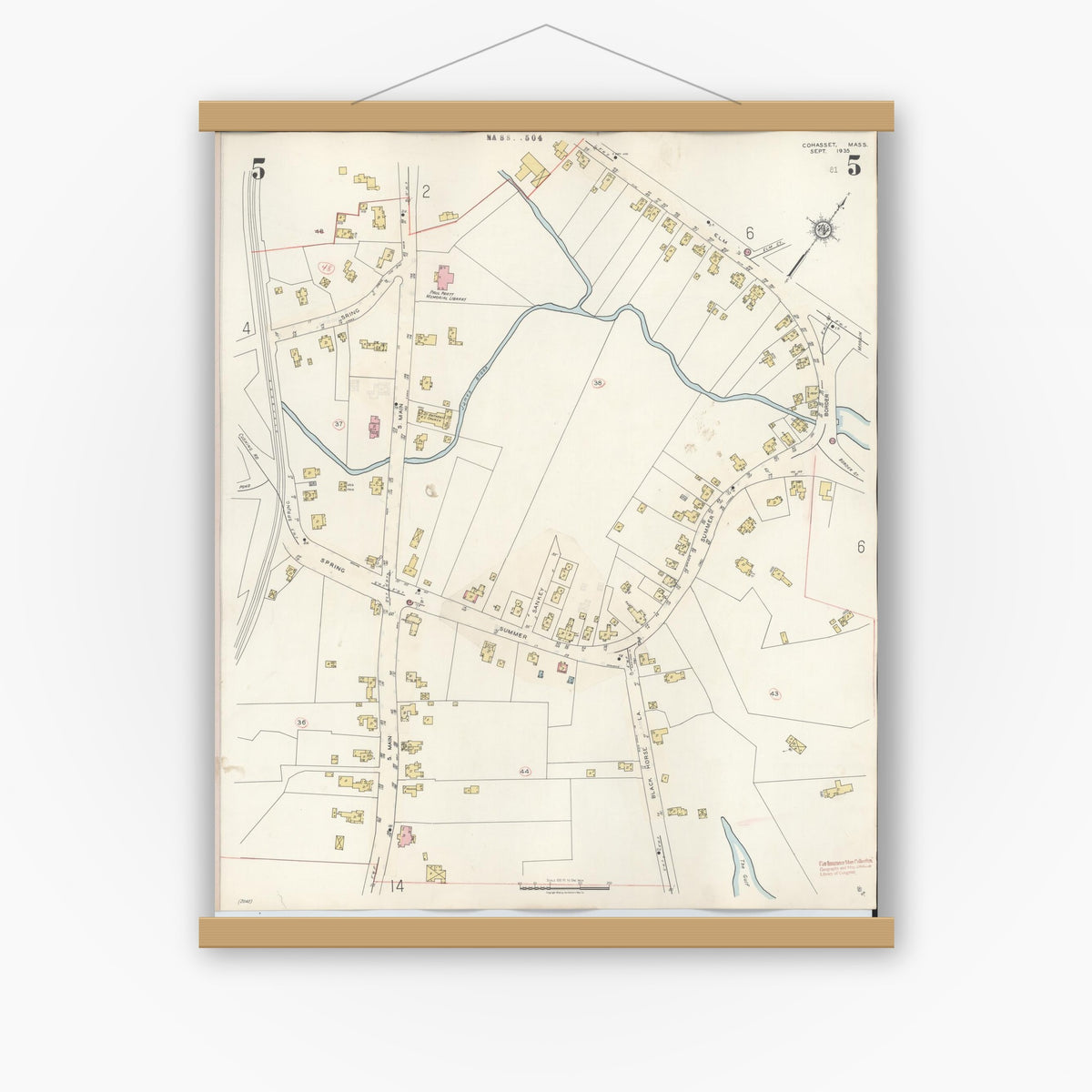 Old map wall art mockup — magnetic wood frame on white wall — Sanborn Fire Insurance Map from Cohasset, Norfolk County, Massachusetts (1940), Sheet #0005