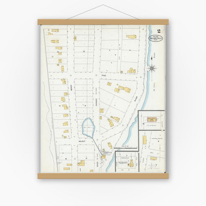 Old map wall art mockup — magnetic wood frame on white wall — Sanborn Fire Insurance Map from Taylors Falls, Chisago County, Minnesota (1904), Sheet #0002