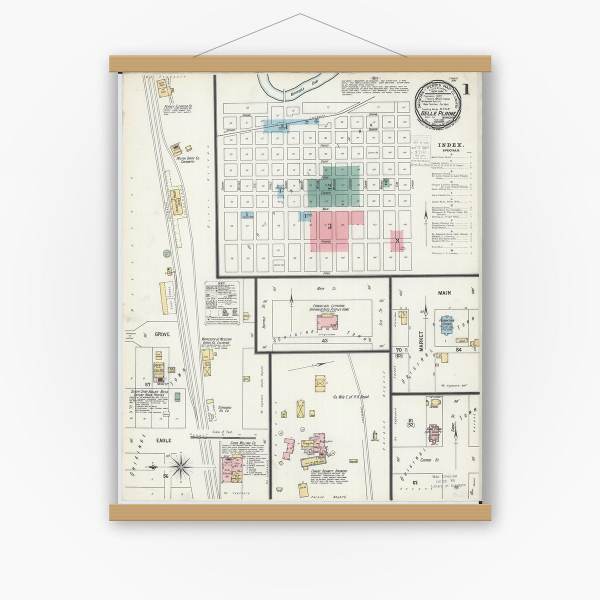 Old map wall art mockup — magnetic wood frame on white wall — Sanborn Fire Insurance Map from Belle Plaine, Scott County, Minnesota (1900), Sheet #0001