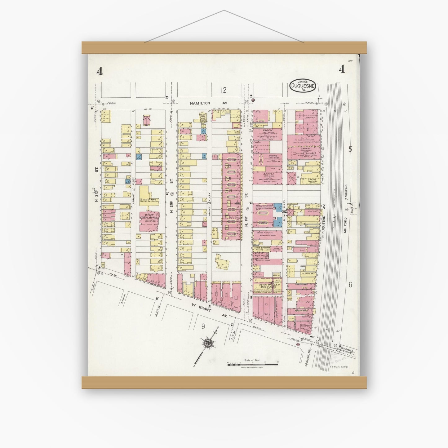 Old map wall art mockup — magnetic wood frame on white wall — Sanborn Fire Insurance Map from Duquesne, Allegheny County, Pennsylvania (1925), Sheet #0004