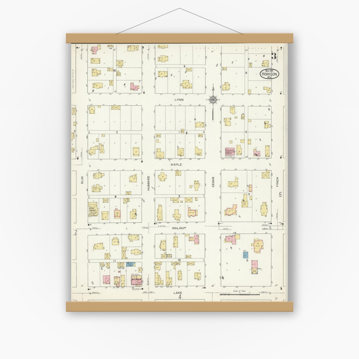 Old map wall art mockup — magnetic wood frame on white wall — Sanborn Fire Insurance Map from Horicon, Dodge County, Wisconsin (1913), Sheet #0003