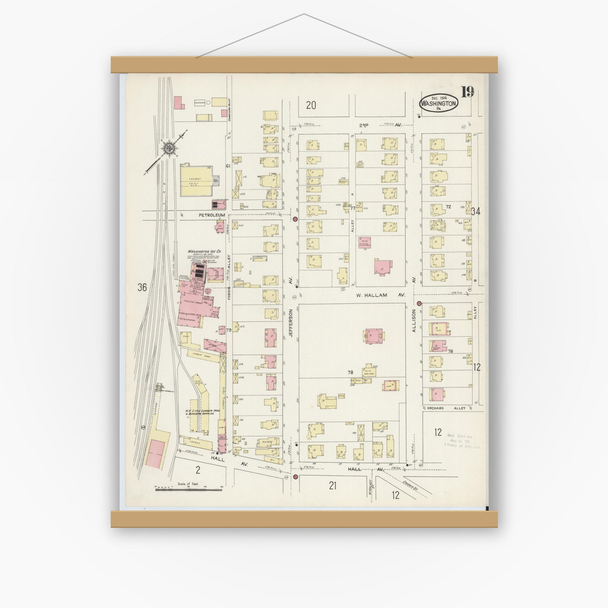 Old map wall art mockup — magnetic wood frame on white wall — Sanborn Fire Insurance Map from Washington, Washington County, Pennsylvania (1914), Sheet #0019
