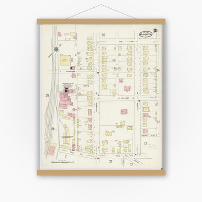 Old map wall art mockup — magnetic wood frame on white wall — Sanborn Fire Insurance Map from Washington, Washington County, Pennsylvania (1914), Sheet #0019